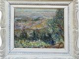 une peinture à l'huile représentant un paysage avec des collines et des arbres, dans un cadre blanc