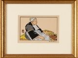 an old woman sitting in a chair with a basket of food