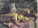 une peinture représentant une nature morte avec des fruits et une cruche