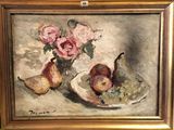 a painting of fruit and flowers in a vase on a table