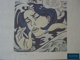 a drawing of a woman in the water with a speech bubble above her head