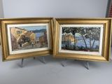 deux tableaux encadrés représentant un village et une rivière, dans un cadre doré