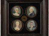 four miniature portraits of people are in a black frame