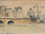 une image représentant un tableau d'un pont enjambant une rivière, avec un château en arrière-plan