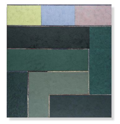 une peinture abstraite composée de carrés verts, bleus, roses et jaunes