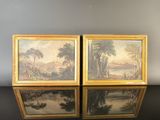 two framed paintings of a river scene with a man and a woman