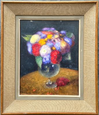 une peinture à l'huile représentant un vase de fleurs sur une table