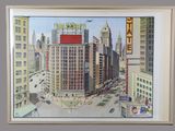 painting of a view of a city from a high rise building