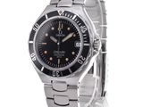 an image of a stainless steel wrist watch with a black dial