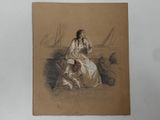 dessin représentant une femme assise sur un banc à côté d'un chien