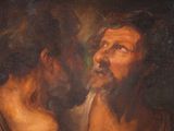 an oil painting of a man and a woman looking at each other
