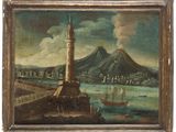 une peinture à l'huile représentant un phare sur une côte rocheuse, avec une montagne en arrière-plan