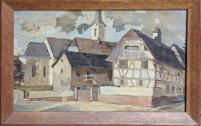 a picture of a painting of a town with a church in the background