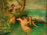 painting of a couple of mermaids in a river with a man in the background