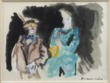 une image représentant un tableau où figurent un clown et une femme en robe bleue