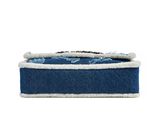 a close up of a blue and white box on a white background