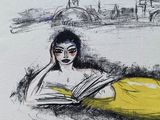 a drawing of a woman laying down reading a book