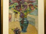 painting of a vase of flowers on a table with a mouse