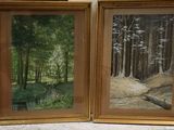 two paintings of trees and a stream in a wooded area