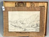 an old book with a drawing of a mountain scene on it