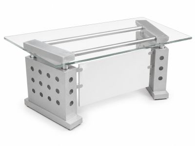 une image d'une table en verre avec une base en métal et un plateau en verre