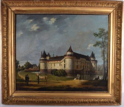 une peinture à l'huile représentant un château dans un champ, avec des passants qui passent à proximité