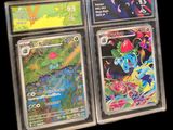 three different pokemon cards in a clear plastic case on a black background
