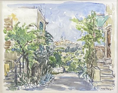 tableau représentant une vue de rue avec une clôture et des arbres