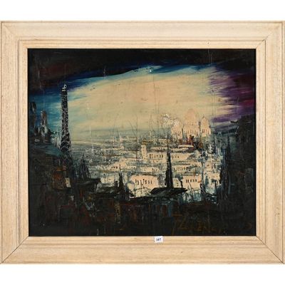 peinture d'une vue d'une ville avec une tour d'horloge au loin