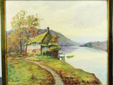 une peinture à l'huile représentant une maison au bord d'un lac