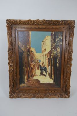 an image of a painting of a horse and carriage in a narrow alley