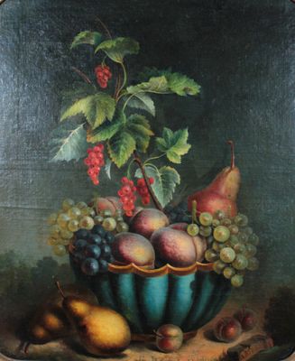 painting of a bowl of fruit on a table with a plant in it