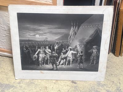 an old black and white photo of a group of people standing in front of a tent
