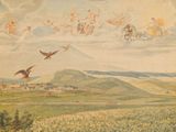 a painting of a horse drawn carriage with angels flying over a field
