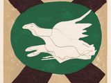 an image of a white bird flying over a green circle