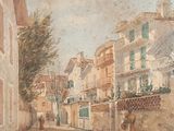 un tableau représentant une scène de rue avec un cheval et une calèche