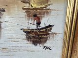 a painting of a man on a boat in the water