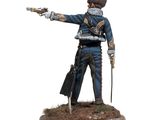 statue of a soldier with a gun in his hand on a wooden base