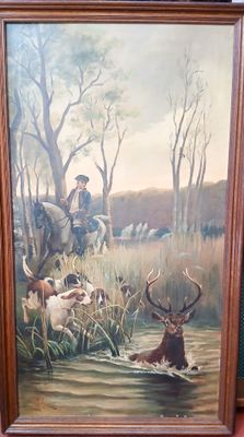 tableau représentant une scène de chasse avec un homme à cheval et un groupe de cerfs