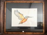 tableau représentant un martin-pêcheur en plein vol, encadré et accroché au mur