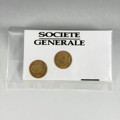 deux pièces d'or dans un sachet en plastique transparent posé sur une surface blanche