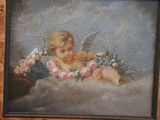 a picture of a painting of an angel with flowers on it