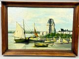 a painting of boats on the water in front of a castle