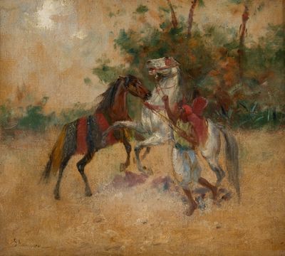 une image représentant un tableau où l'on voit un homme à cheval et un homme à cheval
