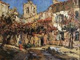une peinture à l'huile représentant une scène de rue avec une église à l'arrière-plan
