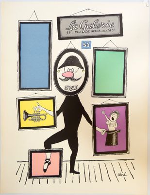 un dessin représentant un homme debout devant un mur orné de tableaux