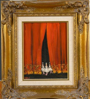 painting of two people sitting on a bench in front of a red curtain