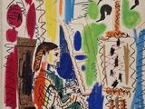 une image représentant le dessin d'une femme assise devant un tableau