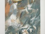 an image of a painting of a woman and birds in a field