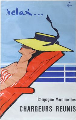 affiche représentant une femme se reposant sur une chaise longue, coiffée d'un chapeau